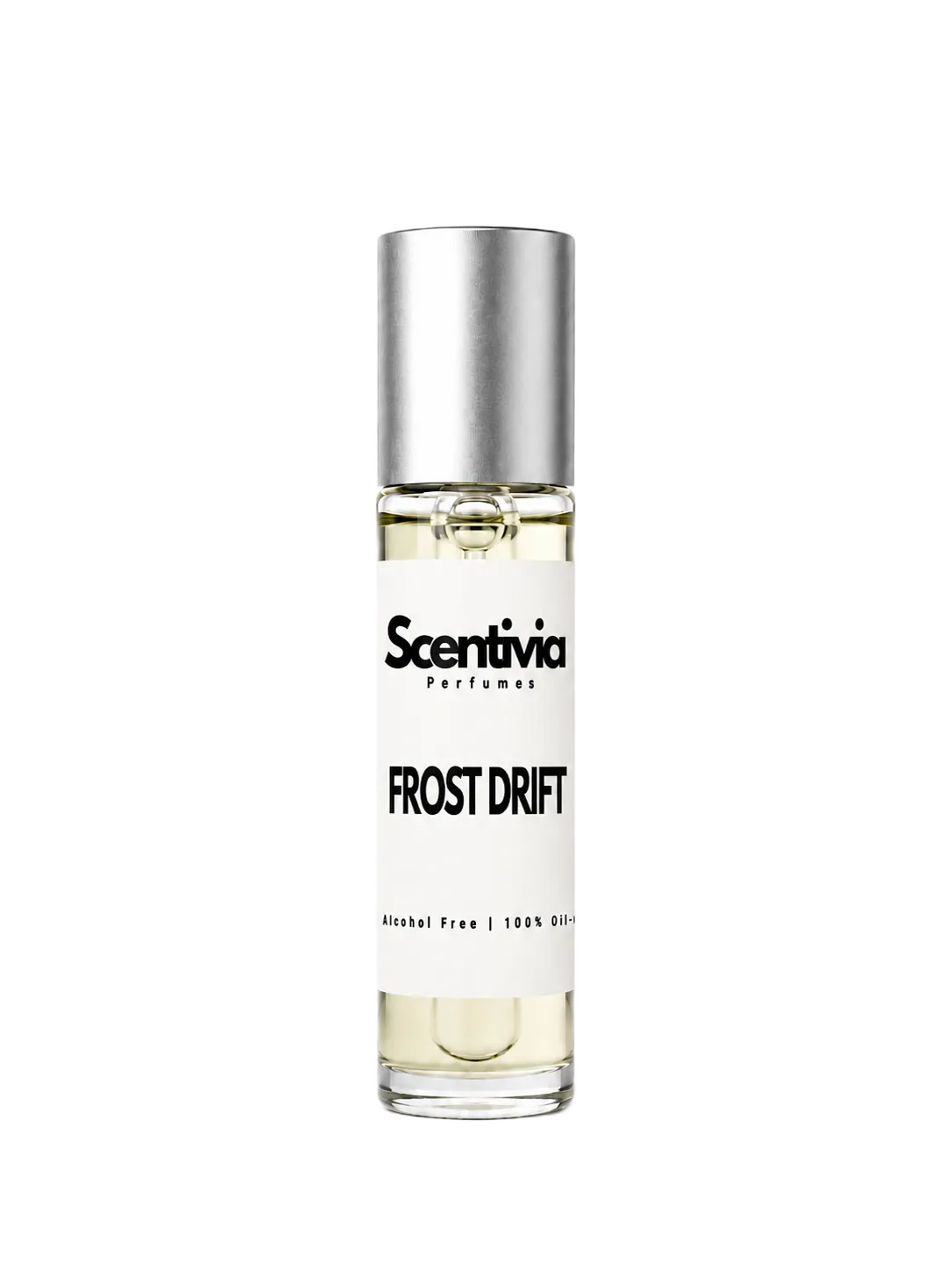 FROST DRIFT roll-on perfume by Scentivia in a clear glass bottle with a silver cap, featuring a white label, pale golden fragrance oil, and alcohol-free, 100% oil-based formulation.
