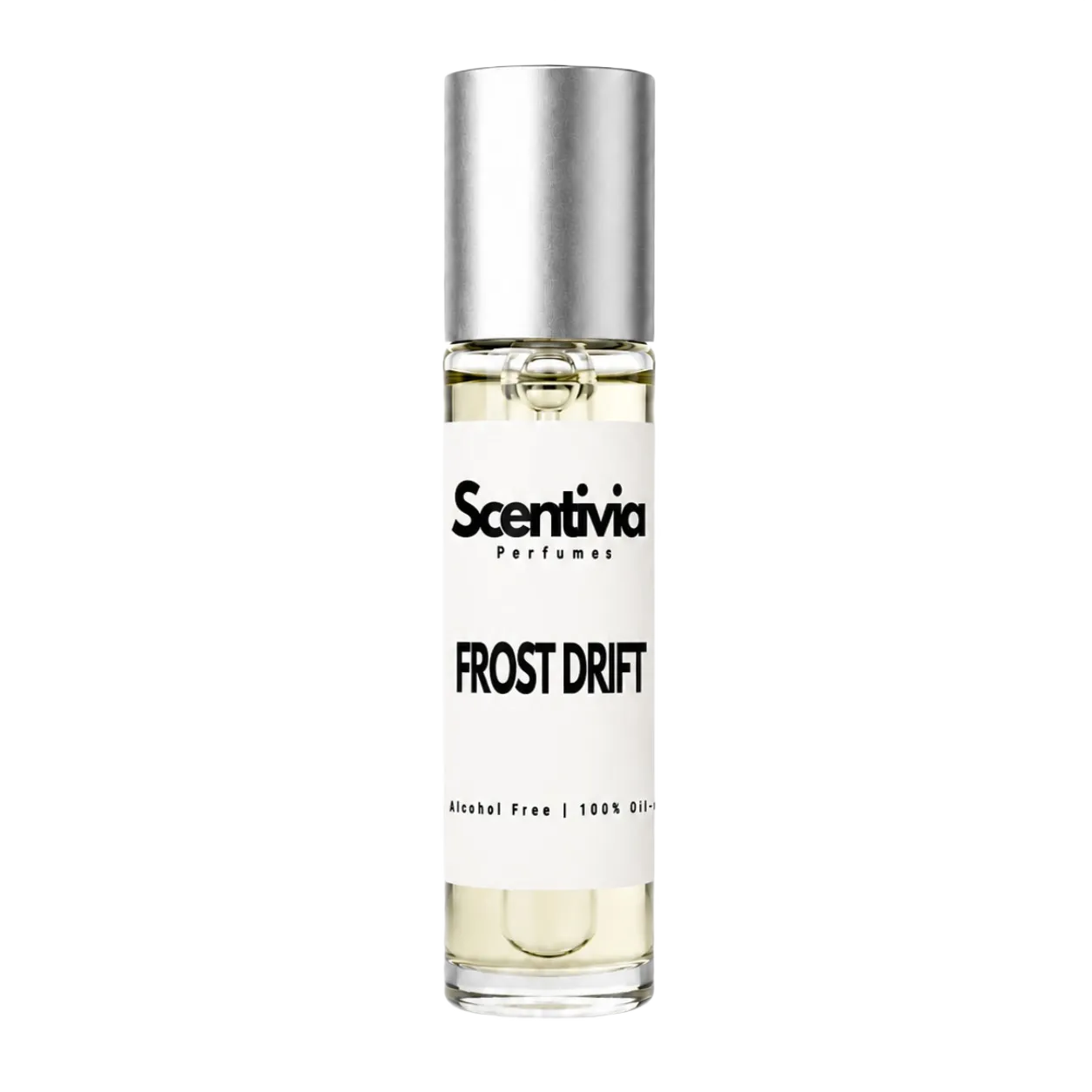 FROST DRIFT roll-on perfume by Scentivia in a clear glass bottle with a silver cap, featuring a white label, pale golden fragrance oil, and alcohol-free, 100% oil-based formulation.

