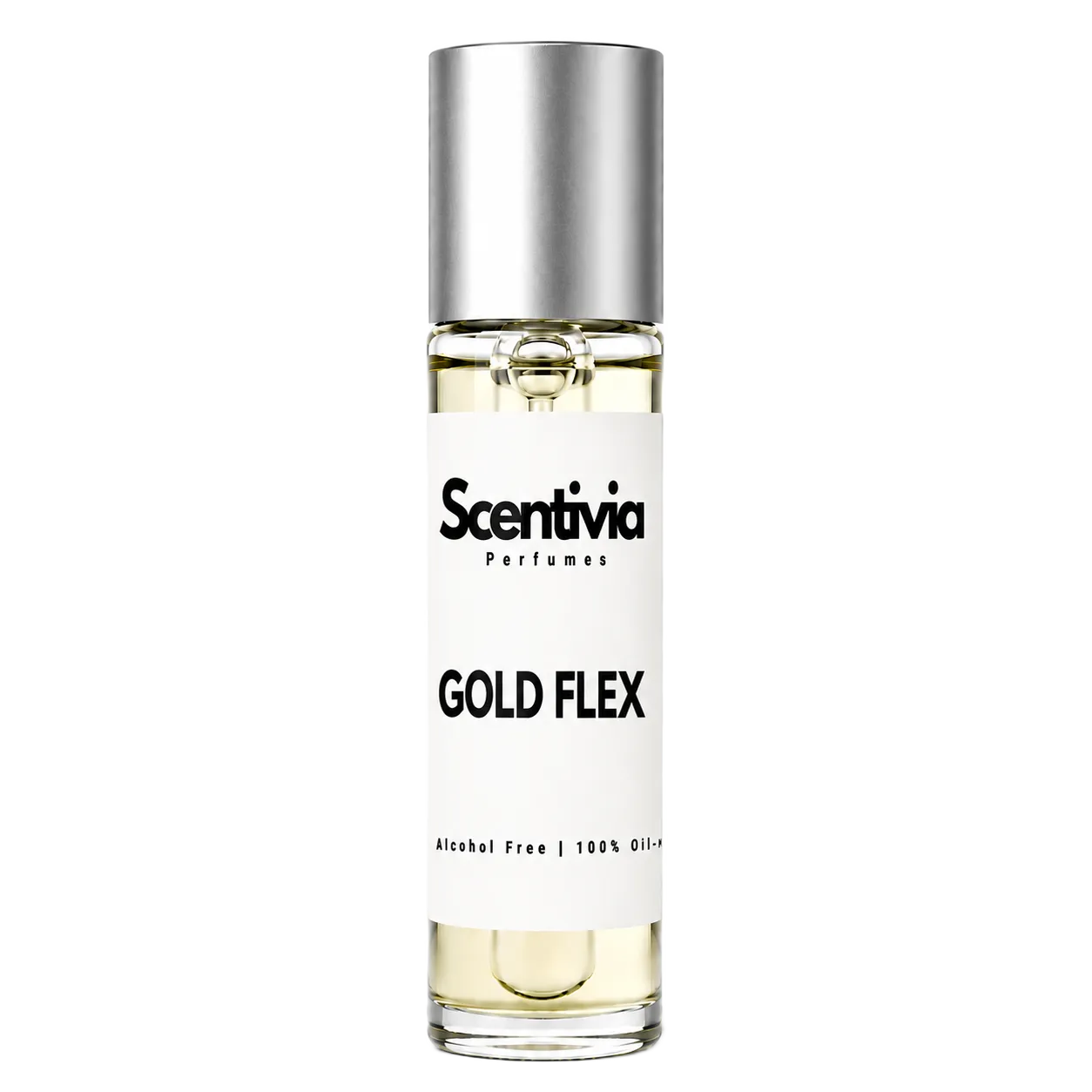GOLD FLEX roll-on perfume by Scentivia in a clear glass bottle with a silver cap, featuring a white label, pale golden fragrance oil, and alcohol-free, 100% oil-based formulation.
