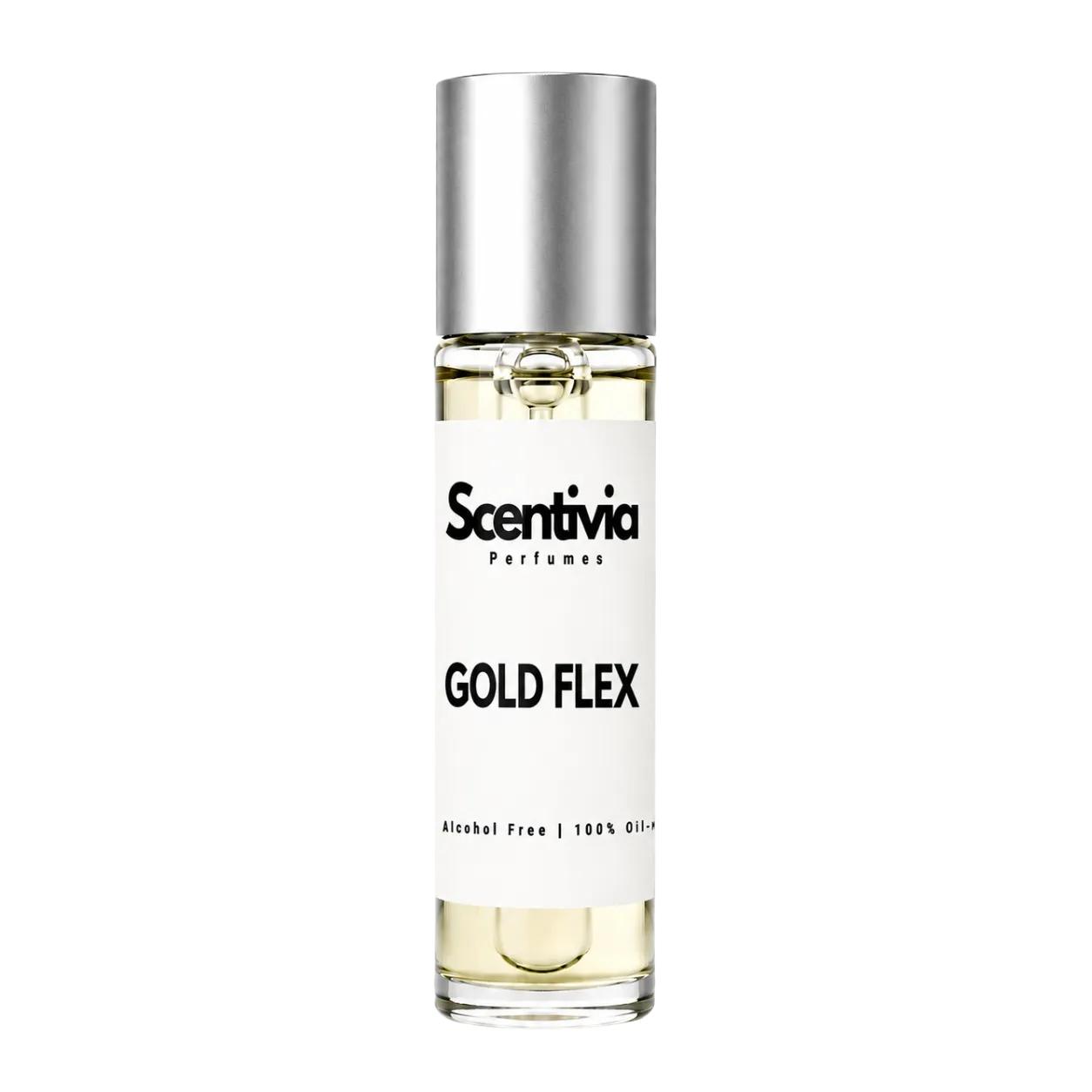 Perfume bottle labeled 'Scentivia Gold Flex' on a white background