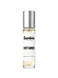 HOT WIRED roll-on perfume by Scentivia in a clear glass bottle with a silver cap, featuring a white label, pale golden fragrance oil, and alcohol-free, 100% oil-based formulation.
