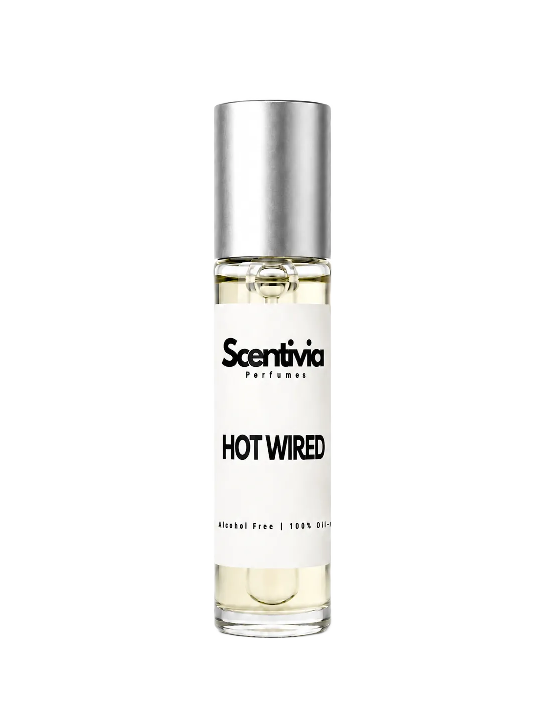 HOT WIRED roll-on perfume by Scentivia in a clear glass bottle with a silver cap, featuring a white label, pale golden fragrance oil, and alcohol-free, 100% oil-based formulation.
