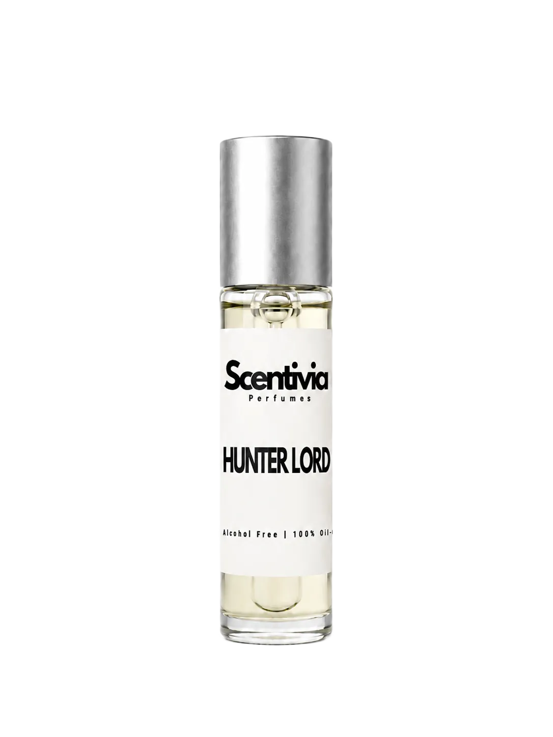 HUNTER LORD roll-on perfume by Scentivia in a clear glass bottle with a silver cap, featuring a white label, pale golden fragrance oil, and alcohol-free, 100% oil-based formulation.
