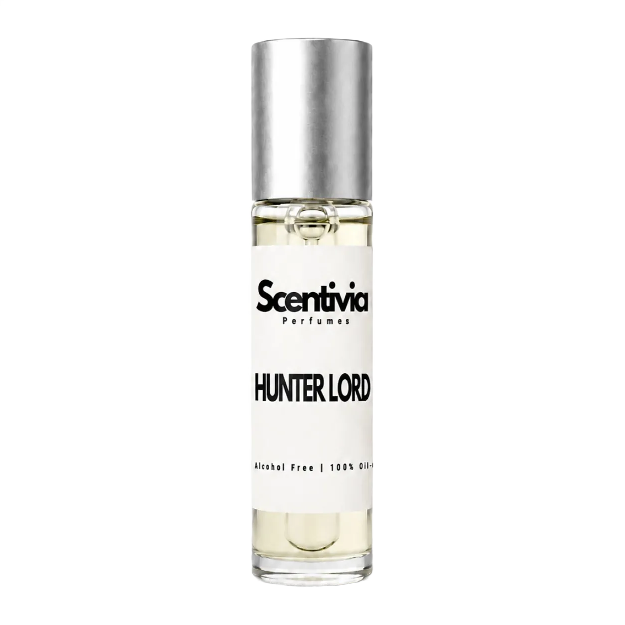 HUNTER LORD roll-on perfume by Scentivia in a clear glass bottle with a silver cap, featuring a white label, pale golden fragrance oil, and alcohol-free, 100% oil-based formulation.
