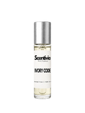 IVORY CODE roll-on perfume by Scentivia in a clear glass bottle with a silver cap, featuring a white label, pale golden fragrance oil, and alcohol-free, 100% oil-based formulation.
