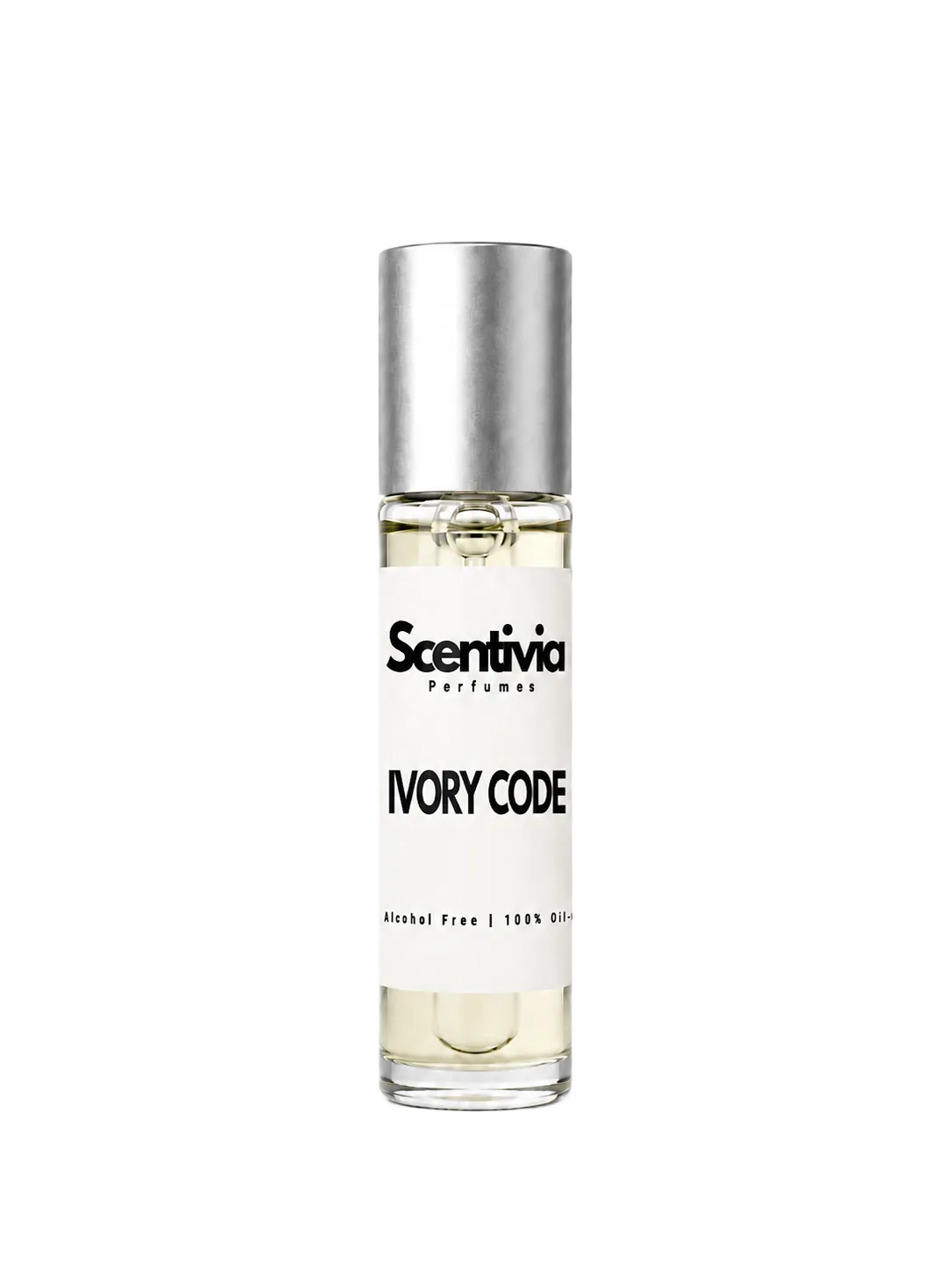 IVORY CODE roll-on perfume by Scentivia in a clear glass bottle with a silver cap, featuring a white label, pale golden fragrance oil, and alcohol-free, 100% oil-based formulation.

