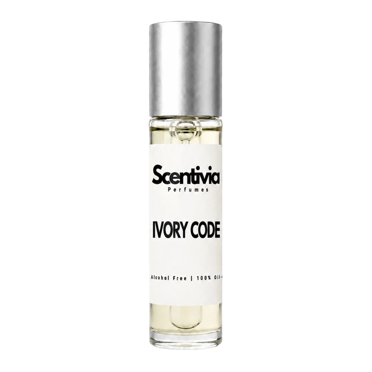IVORY CODE roll-on perfume by Scentivia in a clear glass bottle with a silver cap, featuring a white label, pale golden fragrance oil, and alcohol-free, 100% oil-based formulation.
