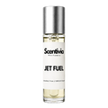 JET FUEL roll-on perfume by Scentivia in a clear glass bottle with a silver cap, featuring a white label, pale golden fragrance oil, and alcohol-free, 100% oil-based formulation.
