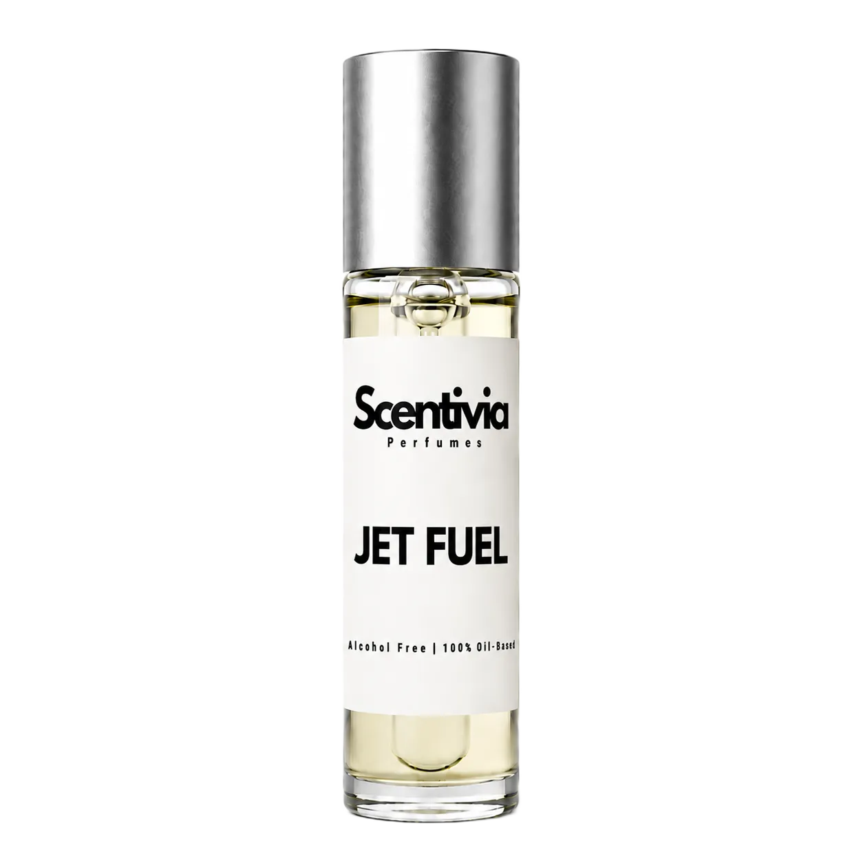 JET FUEL roll-on perfume by Scentivia in a clear glass bottle with a silver cap, featuring a white label, pale golden fragrance oil, and alcohol-free, 100% oil-based formulation.
