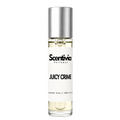JUICY CRIME roll-on perfume by Scentivia in a clear glass bottle with a silver cap, featuring a white label, pale golden fragrance oil, and alcohol-free, 100% oil-based formulation.
