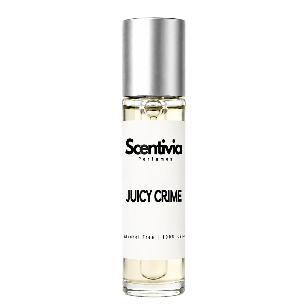 JUICY CRIME roll-on perfume by Scentivia in a clear glass bottle with a silver cap, featuring a white label, pale golden fragrance oil, and alcohol-free, 100% oil-based formulation.
