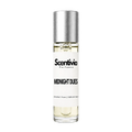 MIDNIGHT DUES roll-on perfume by Scentivia in a clear glass bottle with a silver cap, featuring a white label, pale golden fragrance oil, and alcohol-free, 100% oil-based formulation.

