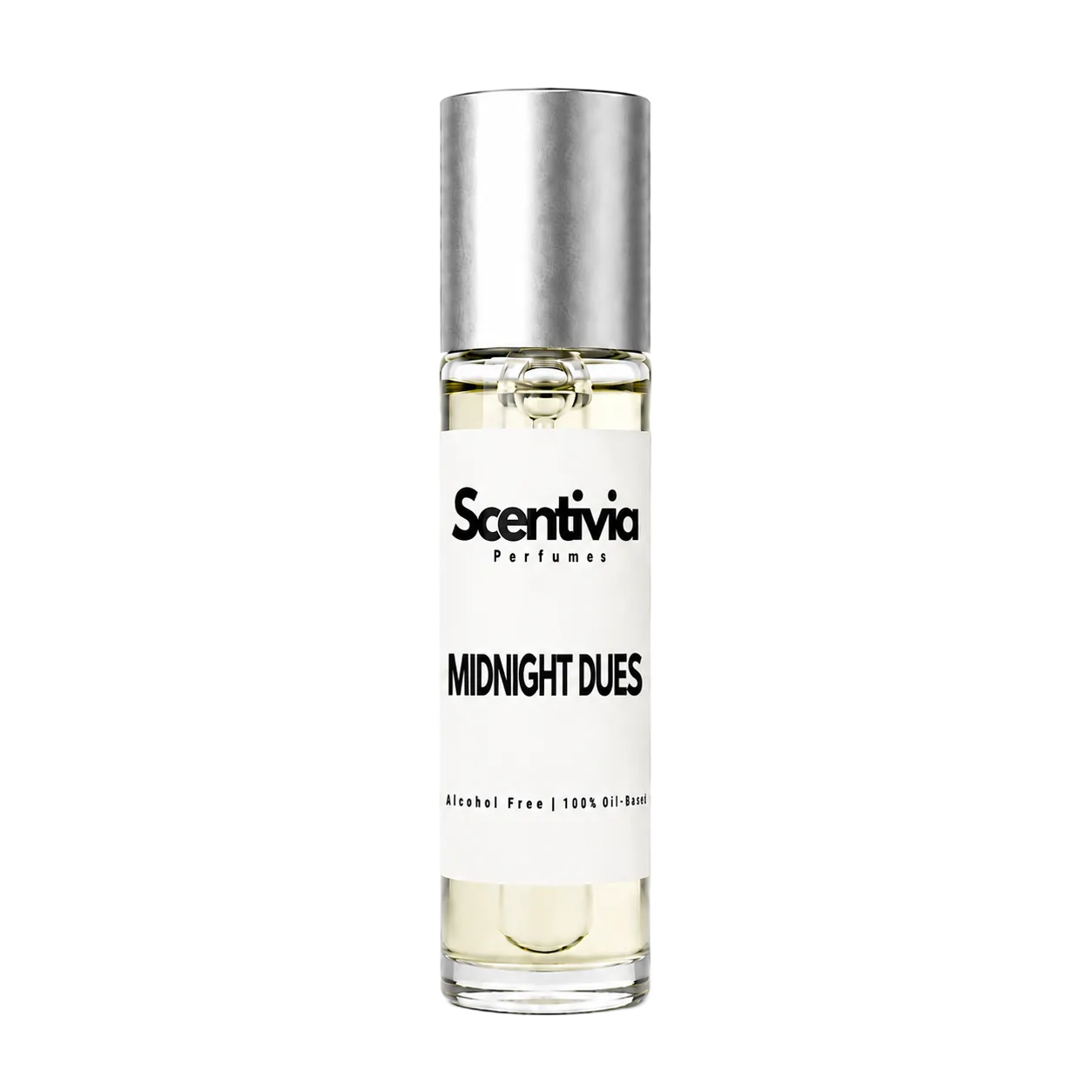 MIDNIGHT DUES roll-on perfume by Scentivia in a clear glass bottle with a silver cap, featuring a white label, pale golden fragrance oil, and alcohol-free, 100% oil-based formulation.
