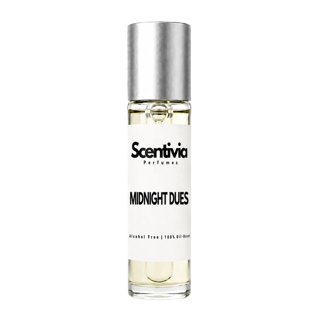Perfume bottle labeled 'Midnight Dues' by Scentivia on a white background