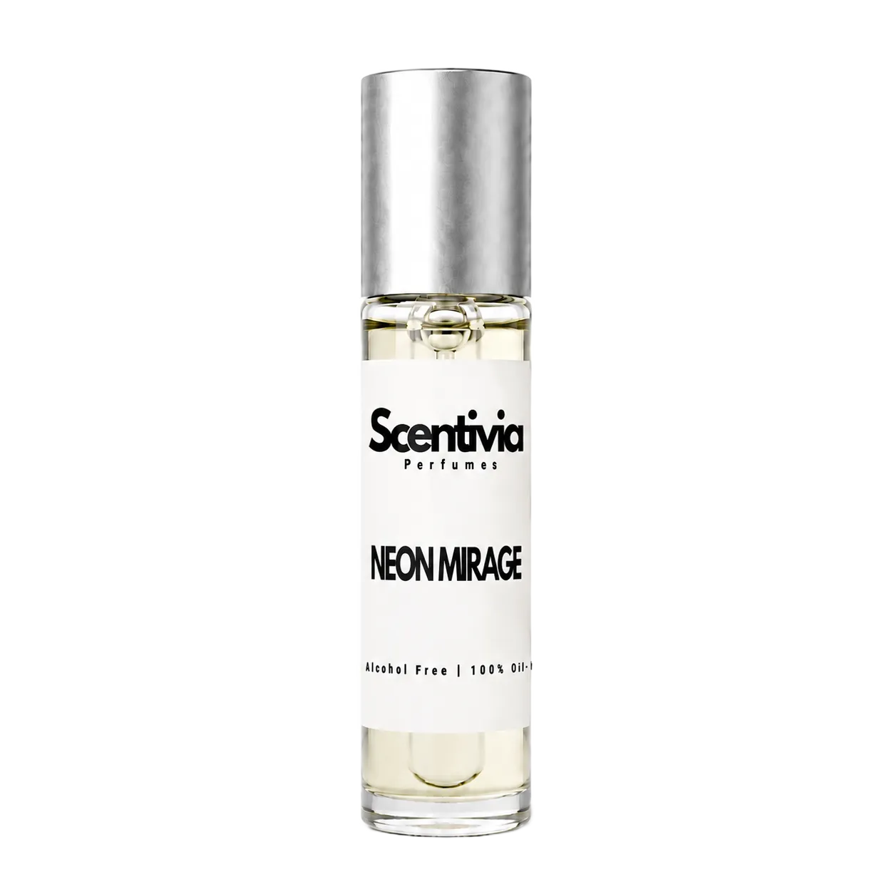 NEON MIRAGE roll-on perfume by Scentivia in a clear glass bottle with a silver cap, featuring a white label, pale golden fragrance oil, and alcohol-free, 100% oil-based formulation.
