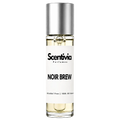 NOIR BREW roll-on perfume by Scentivia in a clear glass bottle with a silver cap, featuring a white label, pale golden fragrance oil, and alcohol-free, 100% oil-based formulation.
