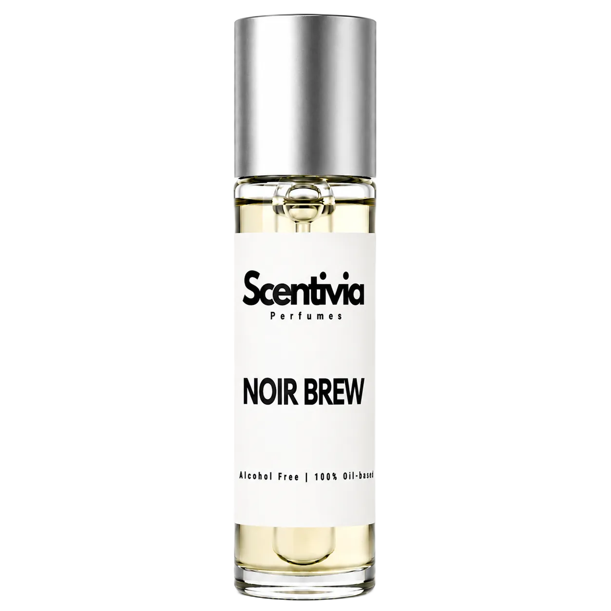 NOIR BREW roll-on perfume by Scentivia in a clear glass bottle with a silver cap, featuring a white label, pale golden fragrance oil, and alcohol-free, 100% oil-based formulation.
