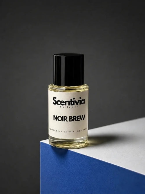 Scentivia Perfumes NOIR BREW 30ml extrait de parfum bottle mockup showcased on a modern blue and white geometric podium setup against a dark grey studio background.