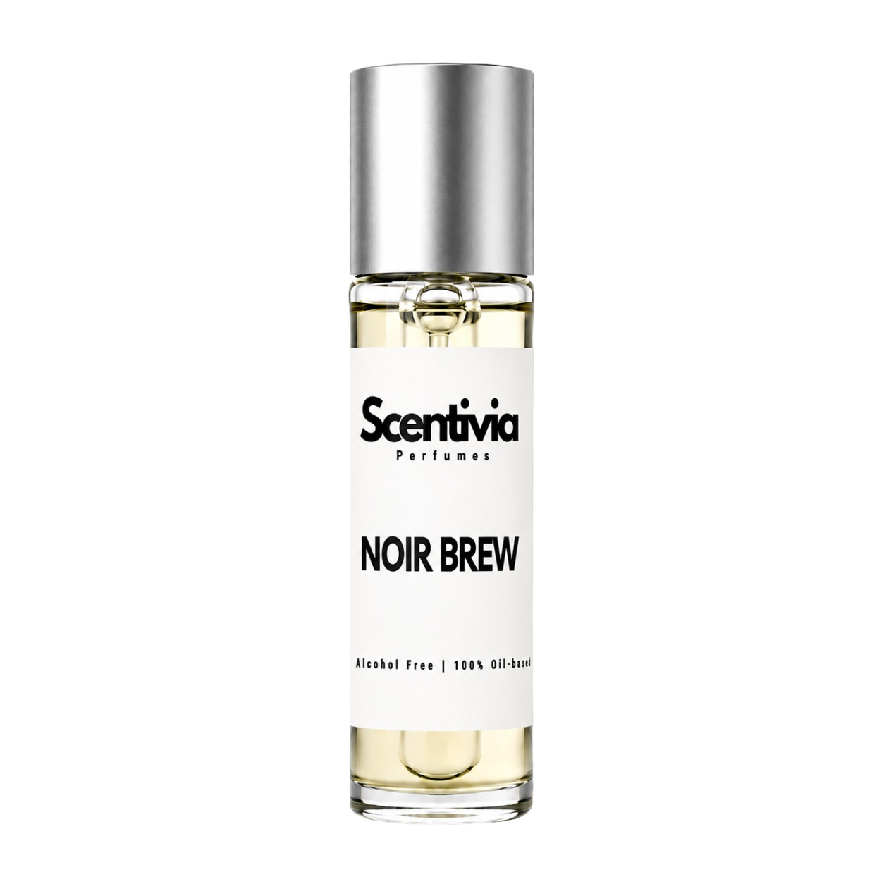 NOIR BREW roll-on perfume by Scentivia in a clear glass bottle with a silver cap, featuring a white label, pale golden fragrance oil, and alcohol-free, 100% oil-based formulation.
