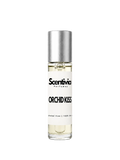 ORCHID KISS roll-on perfume by Scentivia in a clear glass bottle with a silver cap, featuring a white label, pale golden fragrance oil, and alcohol-free, 100% oil-based formulation.
