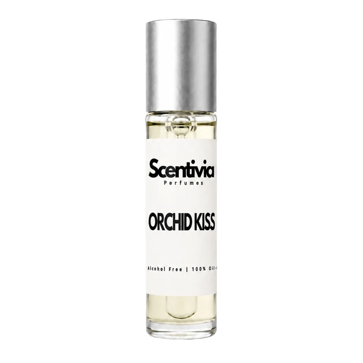 Perfume bottle labeled 'Orchid Kiss' by Scentivia on a white background