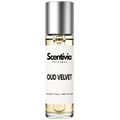 OUD VELVET roll-on perfume by Scentivia in a clear glass bottle with a silver cap, featuring a white label, pale golden fragrance oil, and alcohol-free, 100% oil-based formulation.
