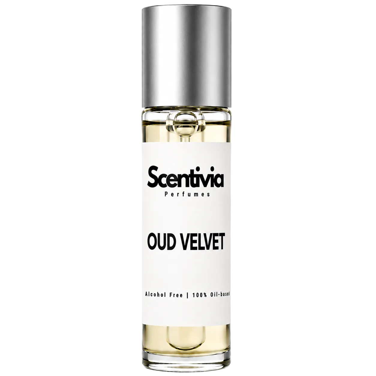 OUD VELVET roll-on perfume by Scentivia in a clear glass bottle with a silver cap, featuring a white label, pale golden fragrance oil, and alcohol-free, 100% oil-based formulation.
