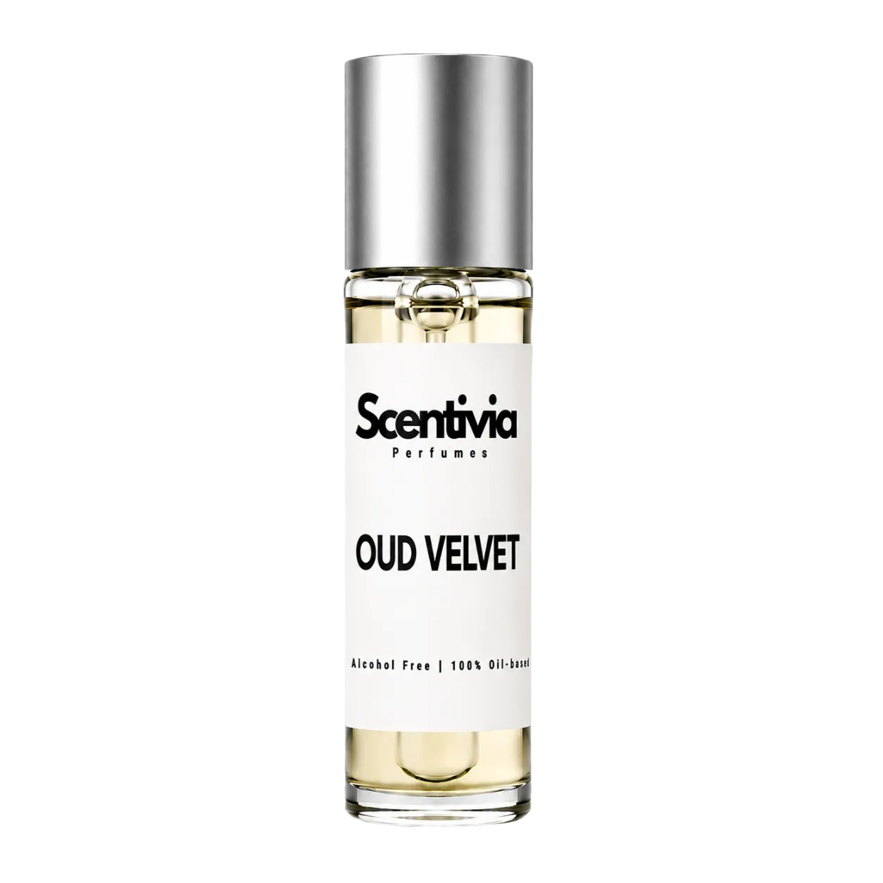 Perfume bottle labeled 'Scentivia Oud Velvet' on a white background