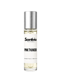 PINK THUNDER roll-on perfume by Scentivia in a clear glass bottle with a silver cap, featuring a white label, pale golden fragrance oil, and alcohol-free, 100% oil-based formulation.
