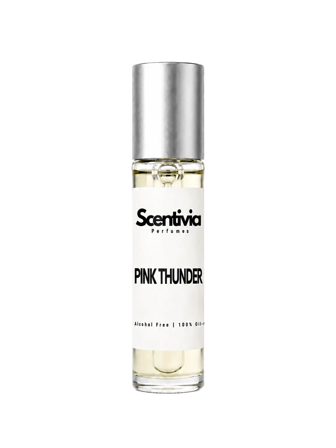 PINK THUNDER roll-on perfume by Scentivia in a clear glass bottle with a silver cap, featuring a white label, pale golden fragrance oil, and alcohol-free, 100% oil-based formulation.
