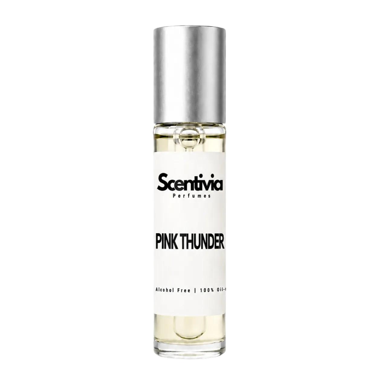 Perfume bottle labeled 'Pink Thunder' by Scentivia on a white background