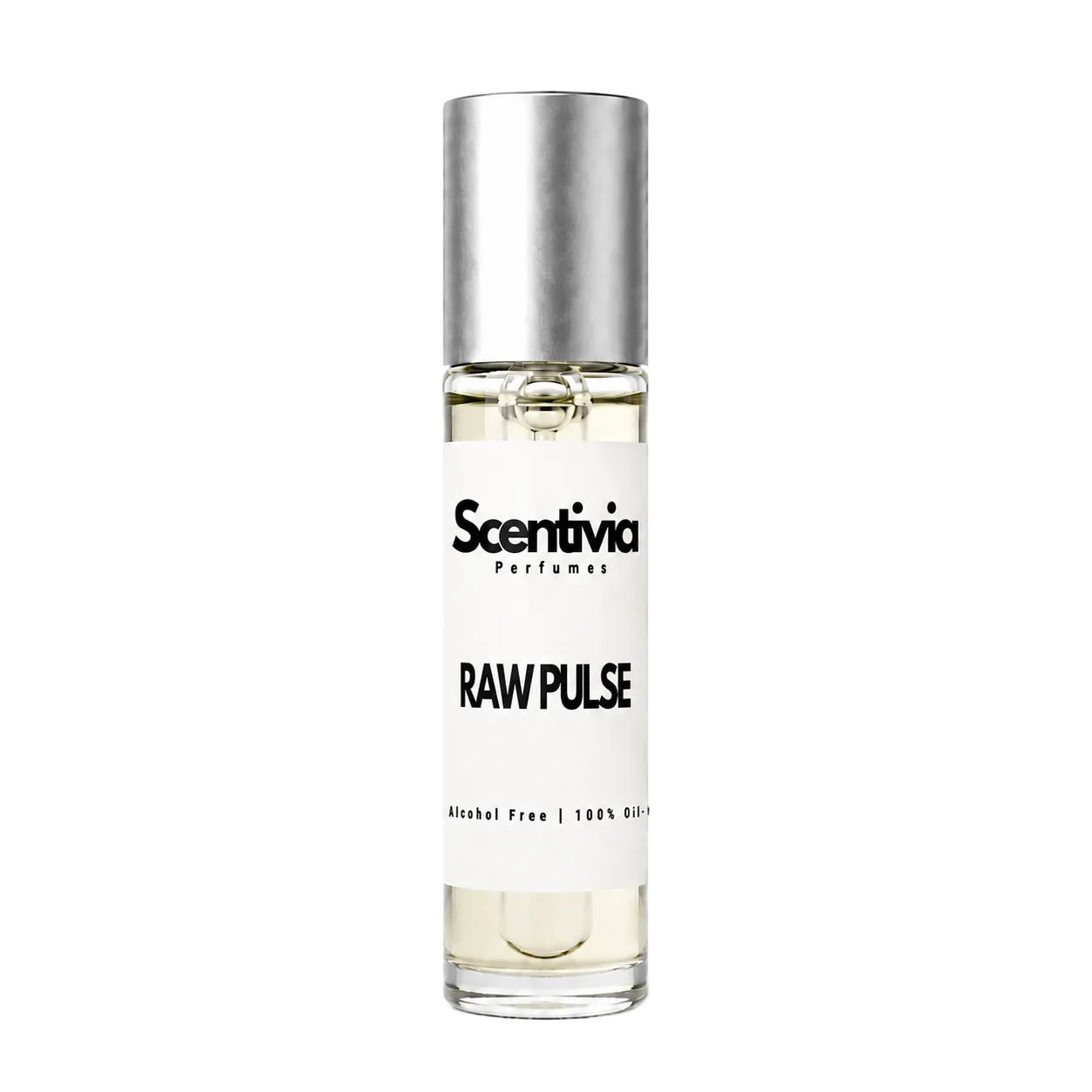 RAW PULSE roll-on perfume by Scentivia in a clear glass bottle with a silver cap, featuring a white label, pale golden fragrance oil, and alcohol-free, 100% oil-based formulation.

