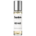 RED HAZE roll-on perfume by Scentivia in a clear glass bottle with a silver cap, featuring a white label, pale golden fragrance oil, and alcohol-free, 100% oil-based formulation.
