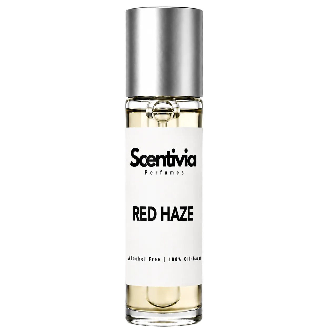 RED HAZE roll-on perfume by Scentivia in a clear glass bottle with a silver cap, featuring a white label, pale golden fragrance oil, and alcohol-free, 100% oil-based formulation.
