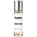 SMOKE FRAME roll-on perfume by Scentivia in a clear glass bottle with a silver cap, featuring a white label, pale golden fragrance oil, and alcohol-free, 100% oil-based formulation.
