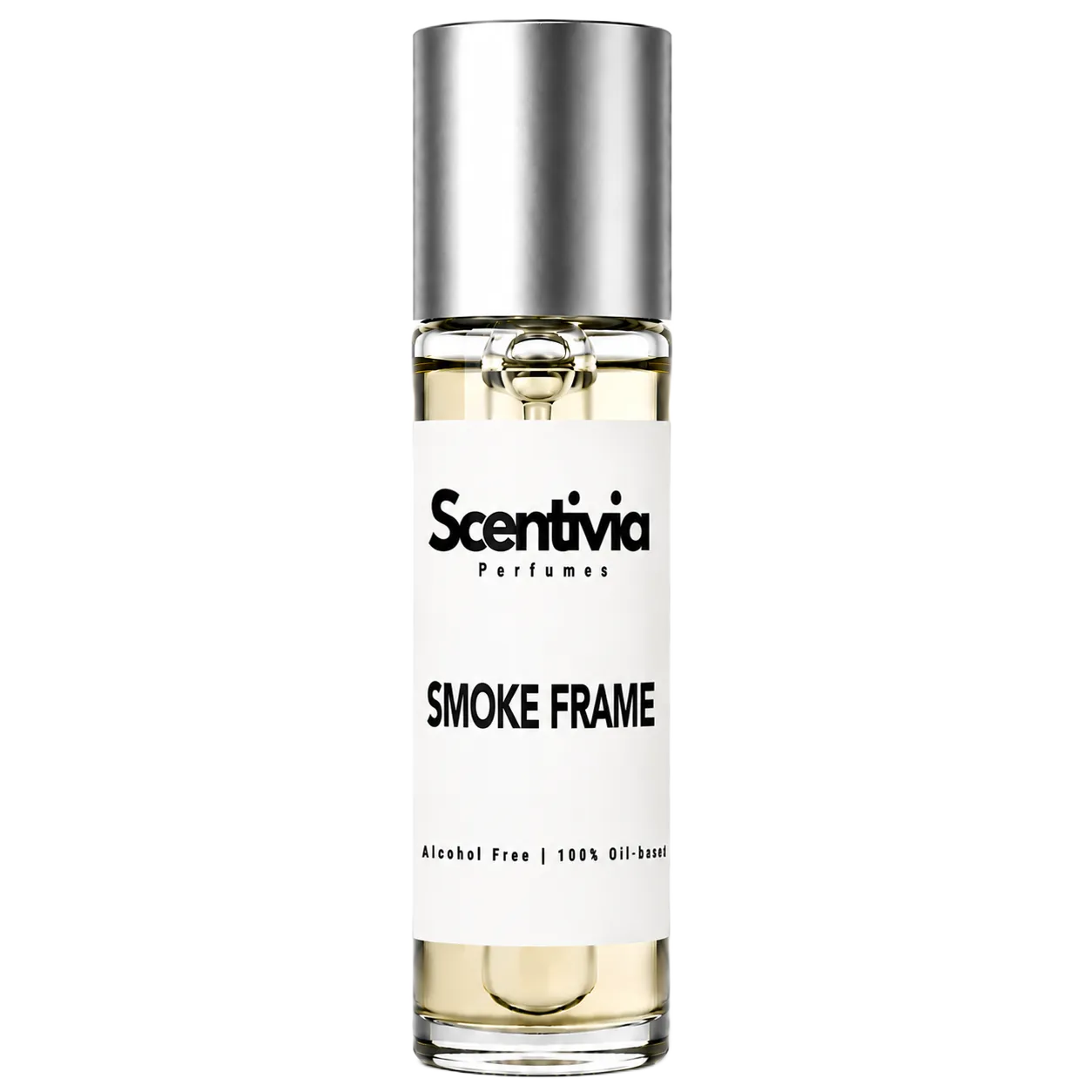SMOKE FRAME roll-on perfume by Scentivia in a clear glass bottle with a silver cap, featuring a white label, pale golden fragrance oil, and alcohol-free, 100% oil-based formulation.
