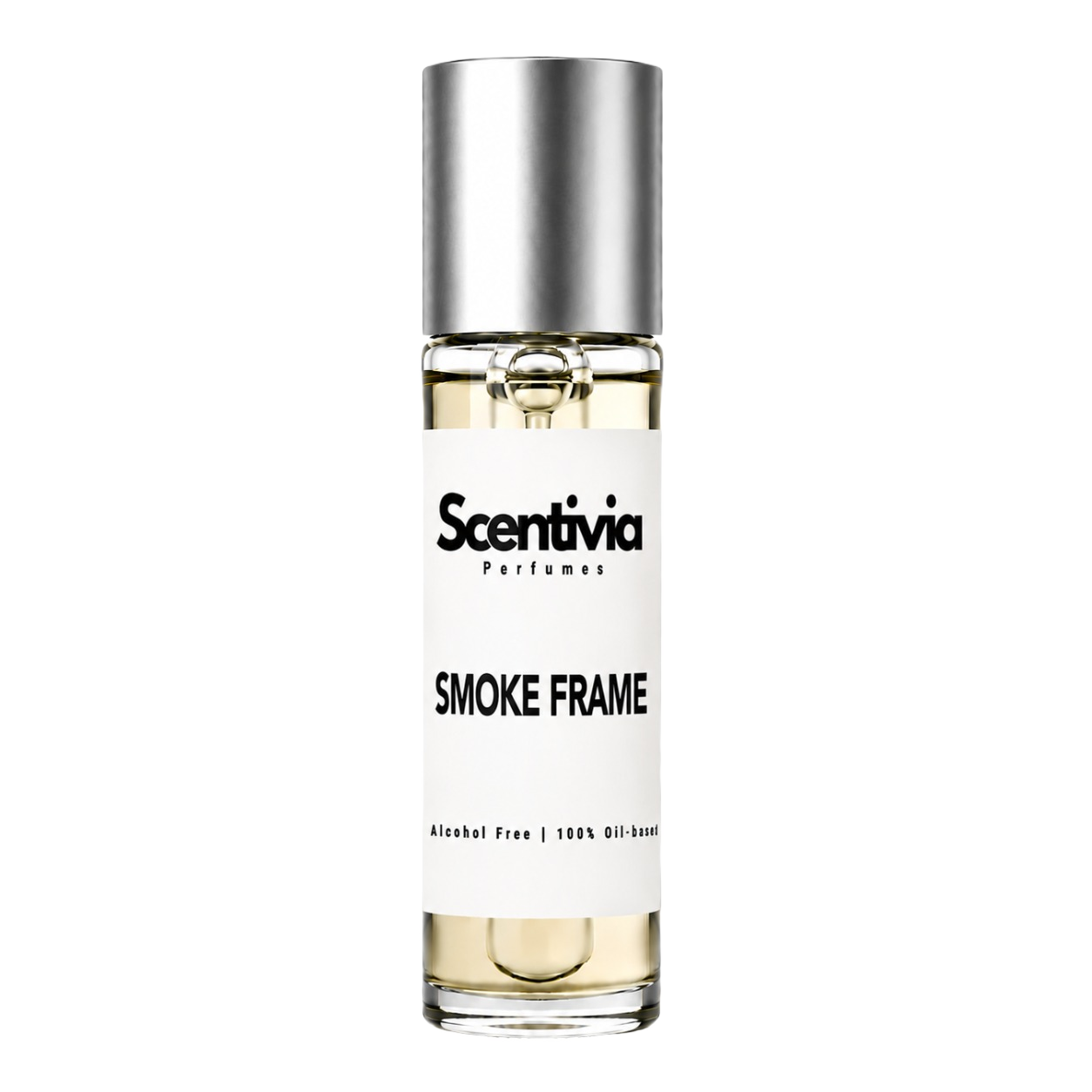 SMOKE FRAME roll-on perfume by Scentivia in a clear glass bottle with a silver cap, featuring a white label, pale golden fragrance oil, and alcohol-free, 100% oil-based formulation.
