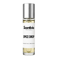 SPICE DROP roll-on perfume by Scentivia in a clear glass bottle with a silver cap, featuring a white label, pale golden fragrance oil, and alcohol-free, 100% oil-based formulation.
