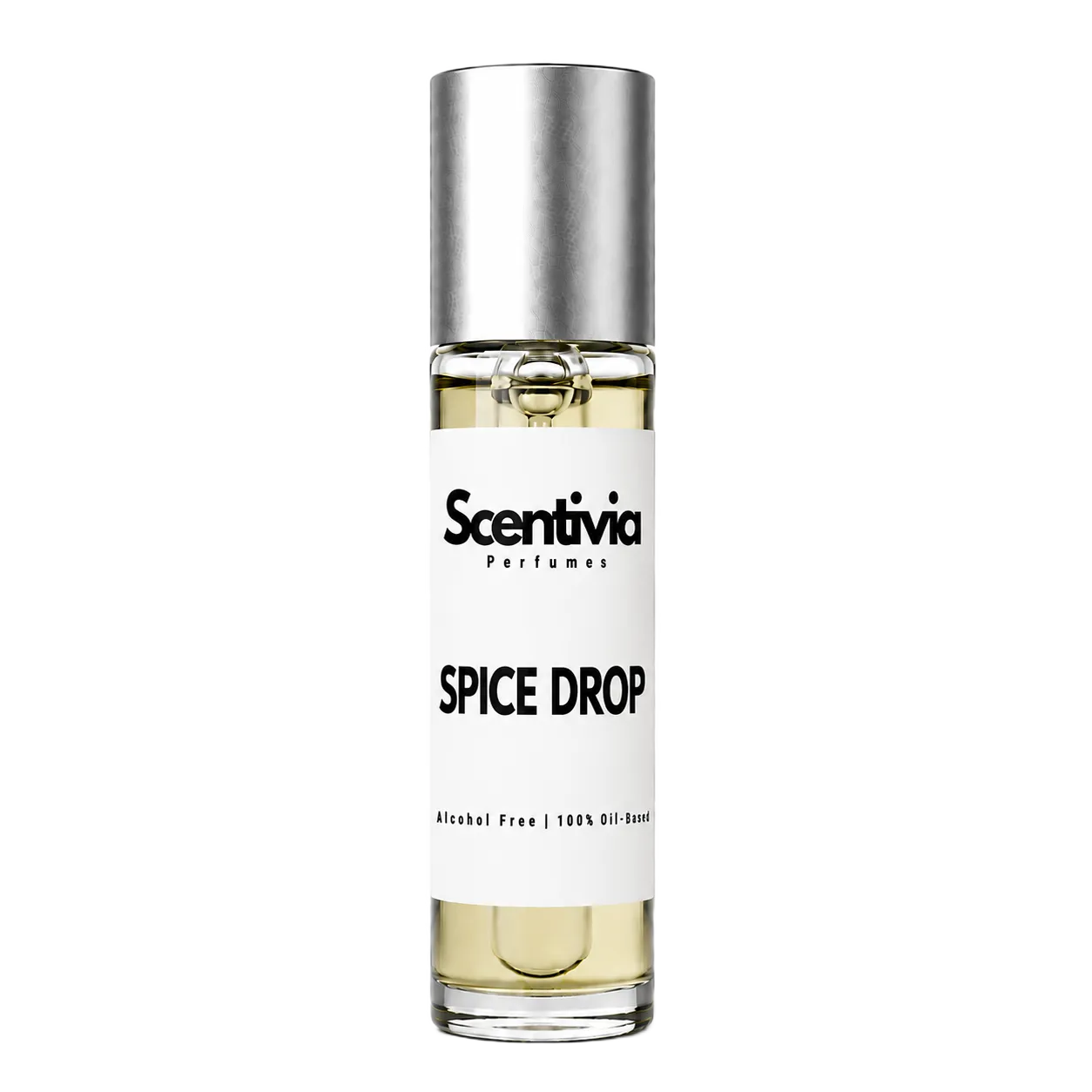 SPICE DROP roll-on perfume by Scentivia in a clear glass bottle with a silver cap, featuring a white label, pale golden fragrance oil, and alcohol-free, 100% oil-based formulation.
