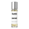 SUGAR DADDY roll-on perfume by Scentivia in a clear glass bottle with a silver cap, featuring a white label, pale golden fragrance oil, and alcohol-free, 100% oil-based formulation.
