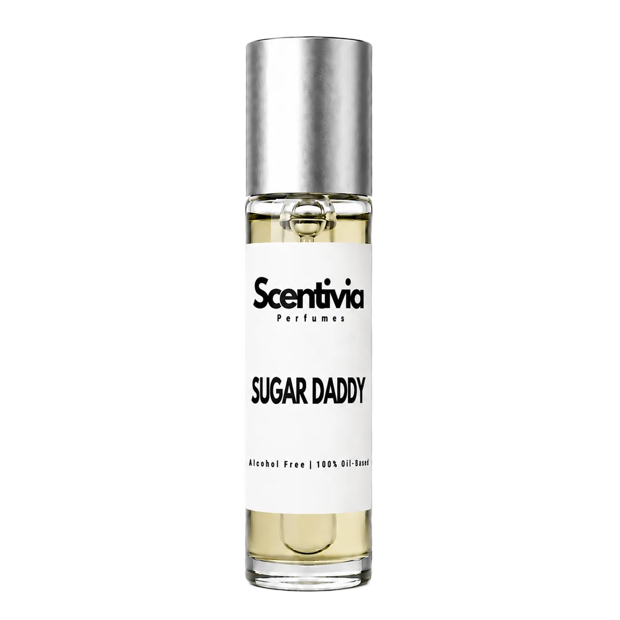 SUGAR DADDY roll-on perfume by Scentivia in a clear glass bottle with a silver cap, featuring a white label, pale golden fragrance oil, and alcohol-free, 100% oil-based formulation.
