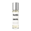 SUGAR SPELL roll-on perfume by Scentivia in a clear glass bottle with a silver cap, featuring a white label, pale golden fragrance oil, and alcohol-free, 100% oil-based formulation.
