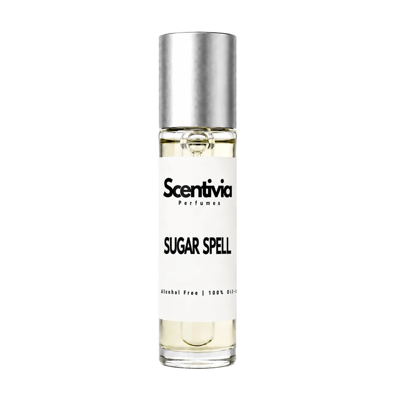SUGAR SPELL roll-on perfume by Scentivia in a clear glass bottle with a silver cap, featuring a white label, pale golden fragrance oil, and alcohol-free, 100% oil-based formulation.
