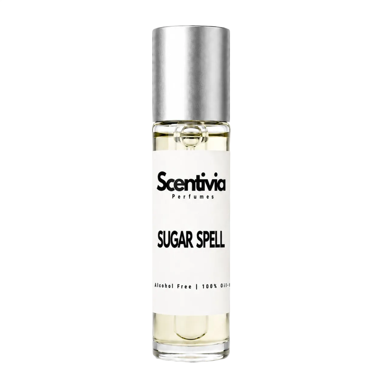 Perfume bottle labeled 'Sugar Spell' by Scentivia on a white background