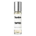 TEMPTRESS roll-on perfume by Scentivia in a clear glass bottle with a silver cap, featuring a white label, pale golden fragrance oil, and alcohol-free, 100% oil-based formulation.
