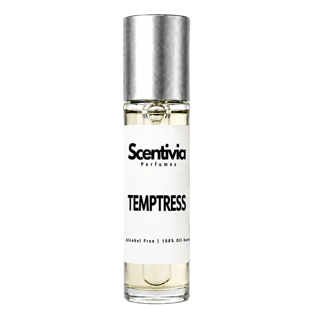 TEMPTRESS roll-on perfume by Scentivia in a clear glass bottle with a silver cap, featuring a white label, pale golden fragrance oil, and alcohol-free, 100% oil-based formulation.
