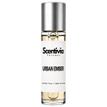 URBAN EMBER roll-on perfume by Scentivia in a clear glass bottle with a silver cap, featuring a white label, pale golden fragrance oil, and alcohol-free, 100% oil-based formulation.
