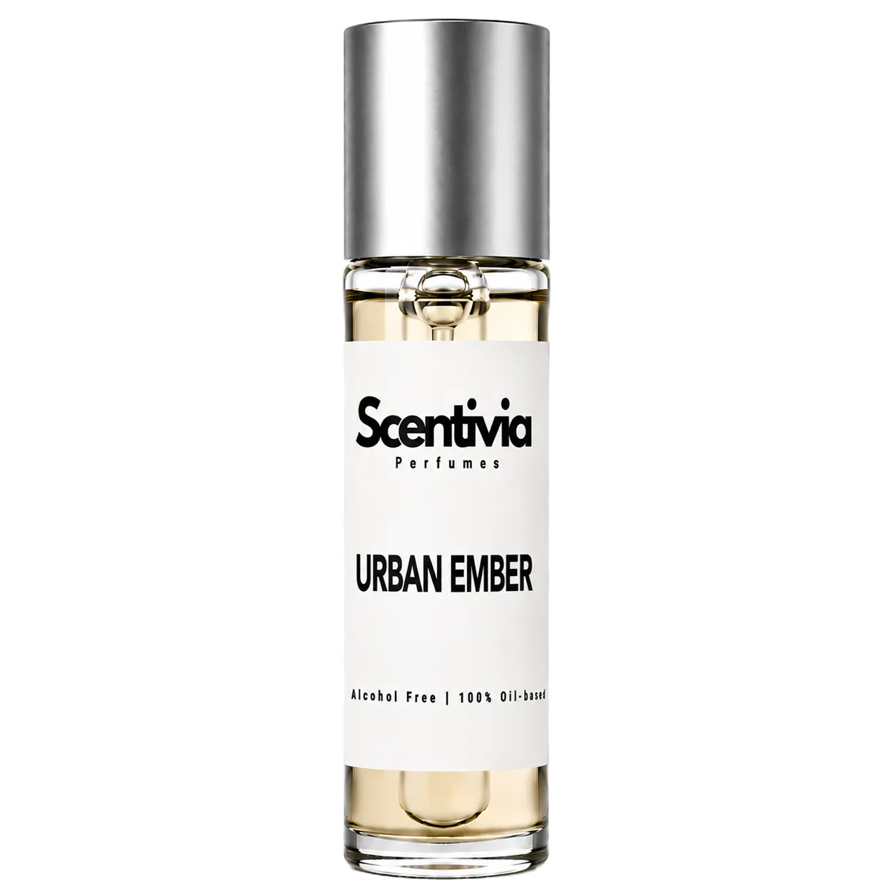 URBAN EMBER roll-on perfume by Scentivia in a clear glass bottle with a silver cap, featuring a white label, pale golden fragrance oil, and alcohol-free, 100% oil-based formulation.
