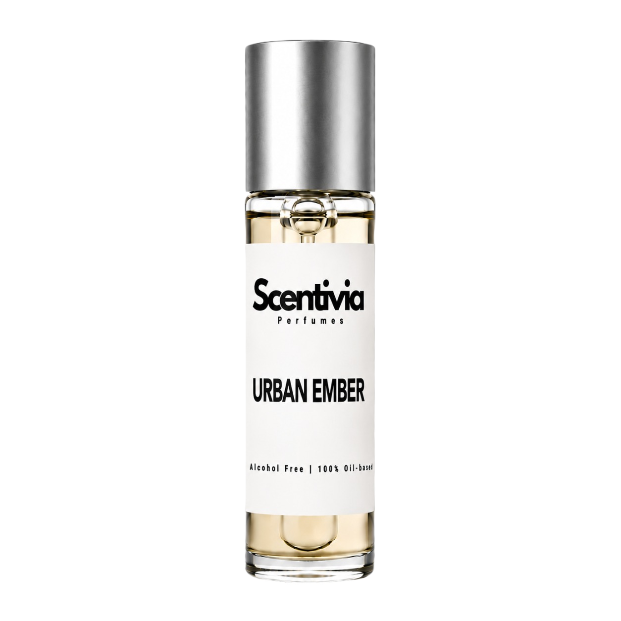 URBAN EMBER roll-on perfume by Scentivia in a clear glass bottle with a silver cap, featuring a white label, pale golden fragrance oil, and alcohol-free, 100% oil-based formulation.
