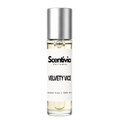 VELVETY VICE roll-on perfume by Scentivia in a clear glass bottle with a silver cap, featuring a white label, pale golden fragrance oil, and alcohol-free, 100% oil-based formulation.
